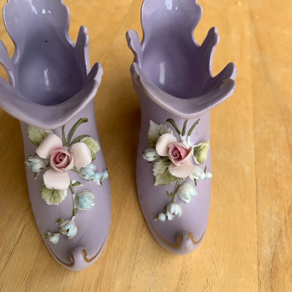 Vintage set 2960 LEFTON CHINA purple painted shoe boot, porcelain bisque, roses - Picture 5 of 10